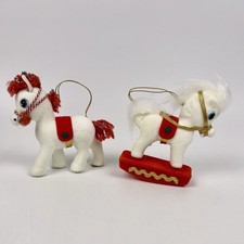 Vintage Lot 2 Carriage Rocking Horses Christmas Pony Ornaments Flocked Red White