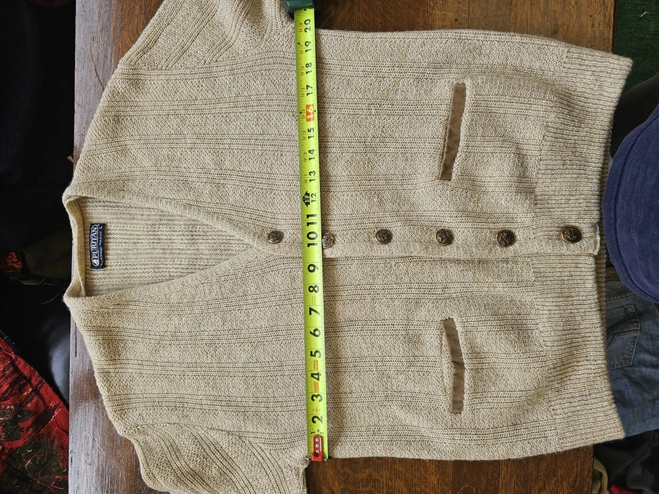 Suéter Puritano De Colección Para Hombres Grande Beige Lana Botón Cárdigan Bolsillos EE. UU. 80s Foto 3 de 4