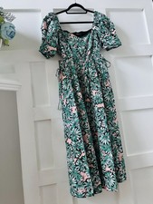 Zara Floral Side CutOut Poplin PuffSleeve Midi Dress GreenPink 100 Cotton M NWT