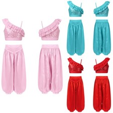 Kids Girls Suit Belly Dance Set Crop Top Outfit Theme Sleeveless Sequin Arabic