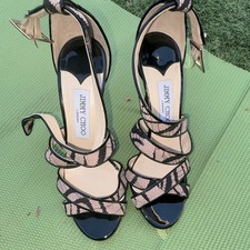 Jimmy Choo Black Beige Snake Strappy Stiletto Buckle Ankle Strap Open Toe Heels