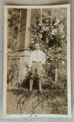 Vtg Photo Beautiful Flowers Garden Roses Man Roland July 4 1928 B&W 4.5'' x 2.5''