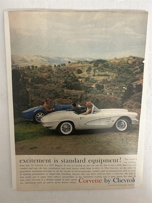 1961 Chevrolet CORVETTE STING RAY Original ADVERTISMENT 8 x 11 With 1927 BUGATTI
