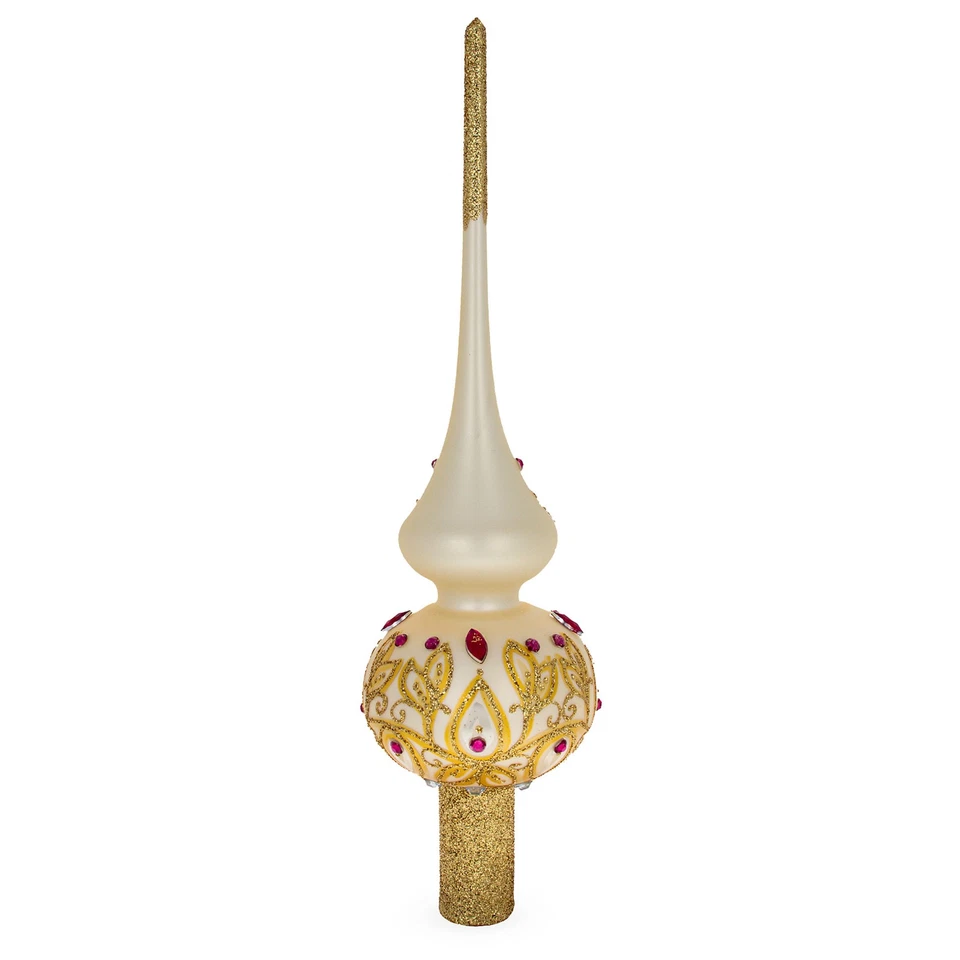Red Jeweled with Golden Leaves Mouth Blown Glass Tree Topper 11 Inches - Image 2 of 4