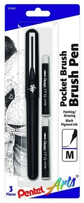 Pentel Arts Pocket Brush Pen with Refills, 1 & 1 Count (Pack of 1), Black 