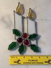 Vtg Stained Glass Christmas Candles  Holly Berries Suncatcher Sun Catcher M 