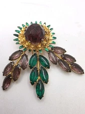 Vintage Signed Reinad Purple & Green Glass With Enamel Floral Dress/Fur Clip