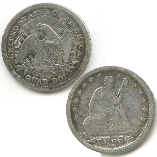 1853 seated liberty quarter arrows rays