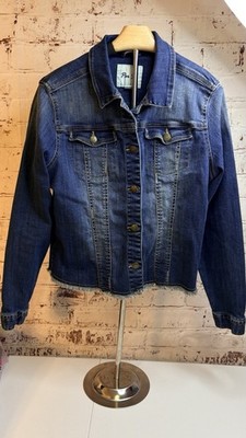 Per Se Blue Button-Up Denim Jacket L Women Frayed Hem Collared Pockets