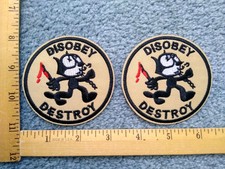LOT OF 2 FELIX THE CAT DISOBEY DESTROY IRON ON PATCHES FREE SHIPPING