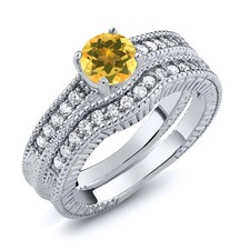 1.05 Ct Round Yellow Citrine Women's 925 Sterling Silver Engagement Ring Set