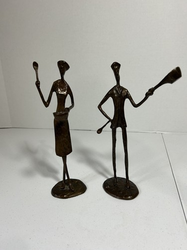 Danya B Modern Sculpture Cast Bronze CHEF MAN & WOMAN w/ Pan Spoon Hat LOT of 2