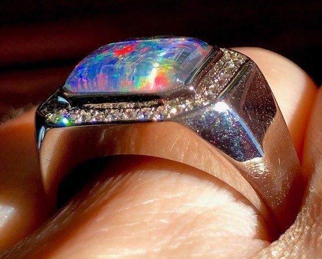 Mens Solid Black Opal Signet ring 9 Red Blue FIRE Halo Heavy Sterling ring VIDEO image 5