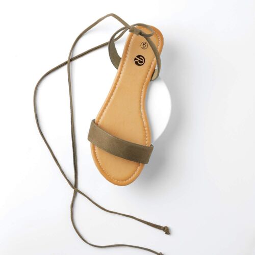 Rekayla Open Toe Tie Up Ankle Wrap Flat Sandals for Women Khaki Green 05 - Picture 8 of 8