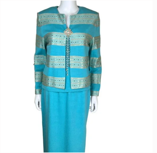 St. John Evening Women’s Y2K Santana Knit Jacket & Skirt Set Turquoise Size 14
