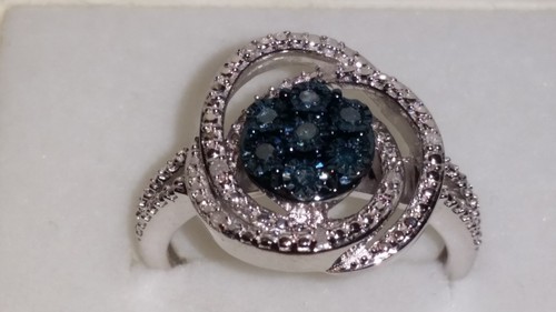 Kims Jewelers Sterling Silver Smoke Blue 7 Diamond Spiral Ring (Sizes 7 & 8.25)