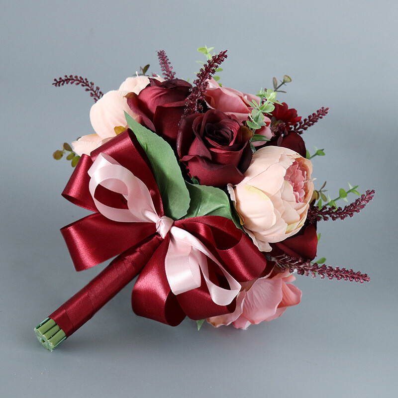 25 Teste Di Fiori Artificiali In Seta Borgogna - Rose Grandi Con Stelo, Per Bouquet Matrimonio, Centrotavola, Decorazioni
