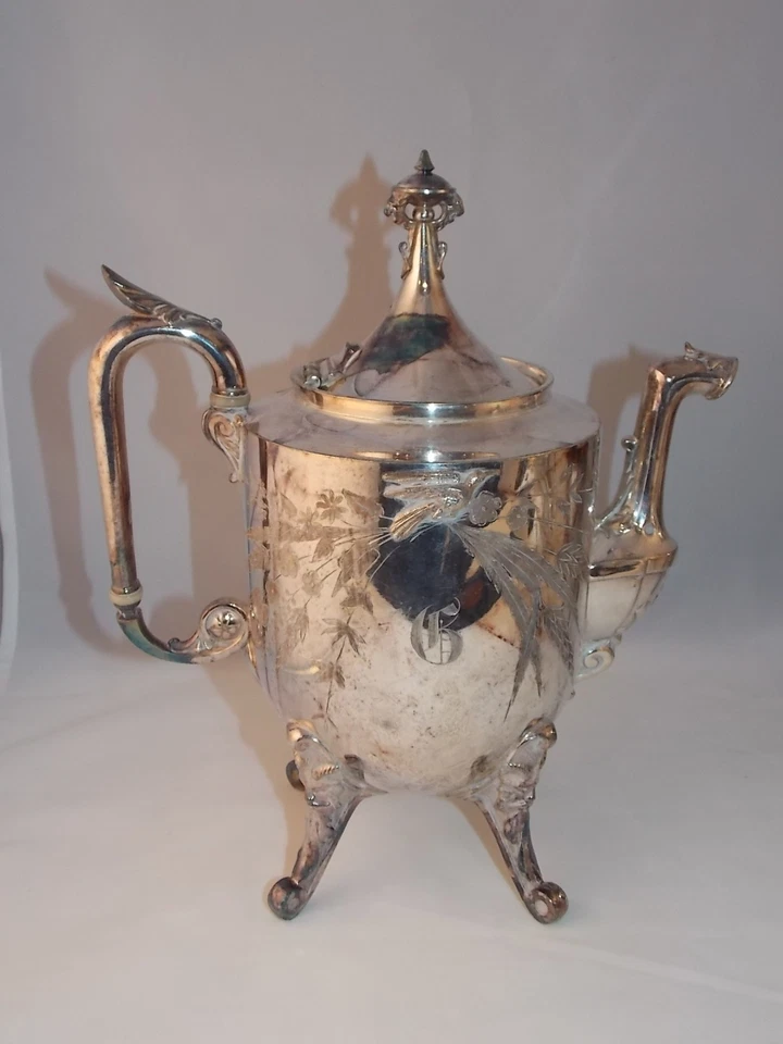 Juego de té de 5 piezas con plato de plata REED BARTON con campana de llamada de mayordomo RARA grabada G Foto 2 de 4