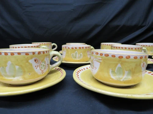 11 Vtg. Chicken Yellow Ceramica Solimene Vietri Cups and Saucers; Mint