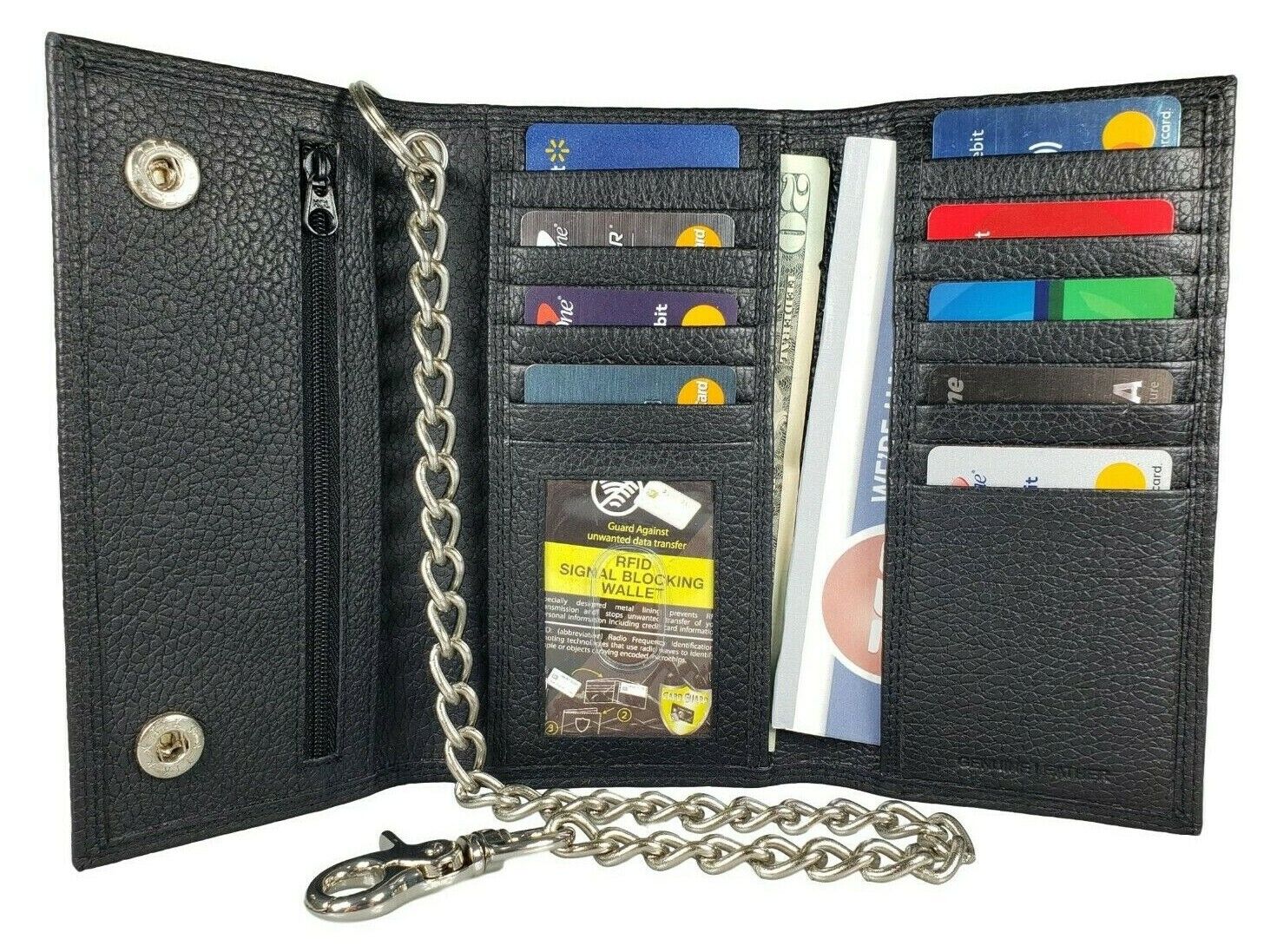 Marshal RFID Blocking Chain Wallets for Men Biker Long Bifold Genuine Leather Wallet with Chain (Black No Chain)