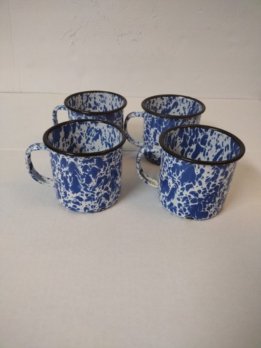 Vintage Blue & White Splatter Enamelware Cups Set of 4 - Picture 2 of 6