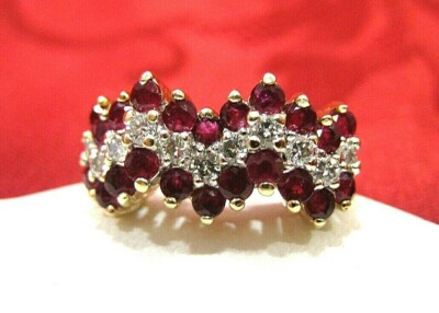 14K GELBGOLD WELLEN CLUSTER RING MIT ECHTEN DIAMANTEN UND RUBINEN GRÖSSE 7