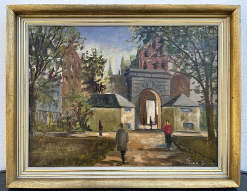 Impressionist People IN City Park Archway Church Houses Trees Oil Painting - Picture 2 of 13