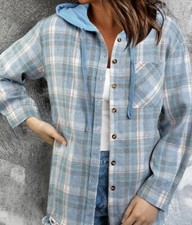 New Women s Plaid Hooded Button Front Flannel Shirt Top Shacket Jacket