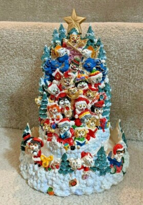 BILL BELL CAT LOVER CHRISTMAS TREE HERE COME SANTA CLAWS MUSIC BOX FRANKLIN MINT