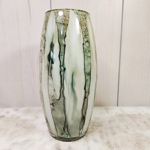 10.25" Tall Glass Vase Decoration Browns Creams Turquoise Drip Flow Design Decor - Picture 2 of 11
