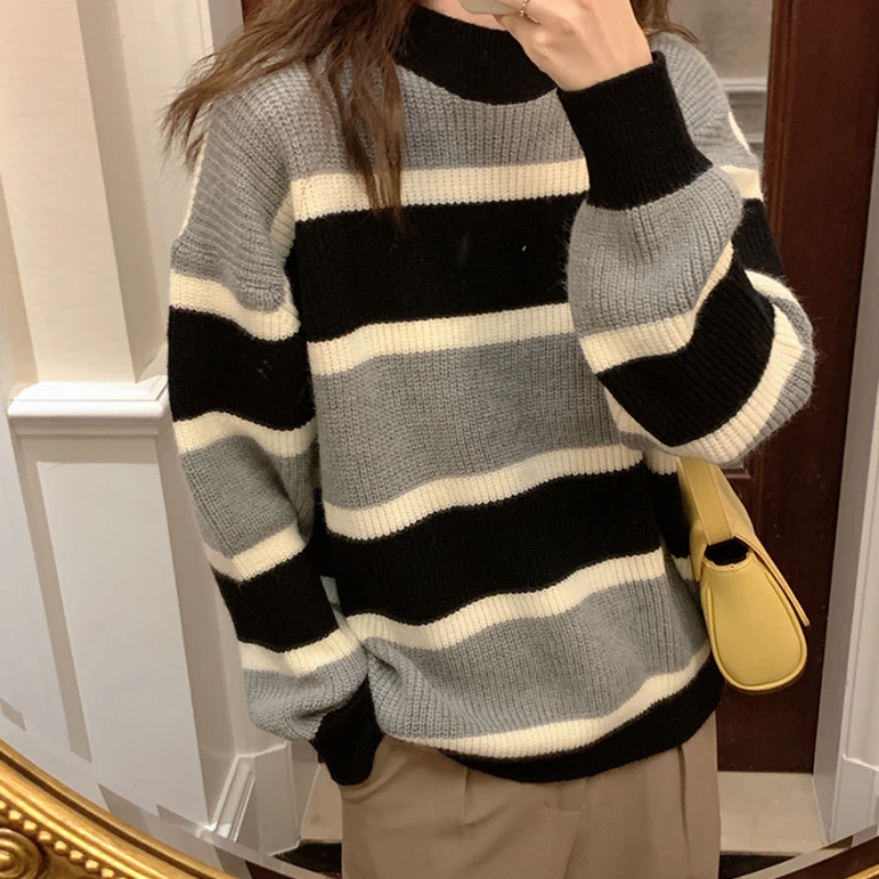 Lady Striped Sweater Knit Jumper Top Pullover Warm Knitwear Thick Loose  Preppy | eBay