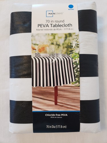 Mainstays 70" Round Peva Tablecloth Black White Cabana Stripe NEW