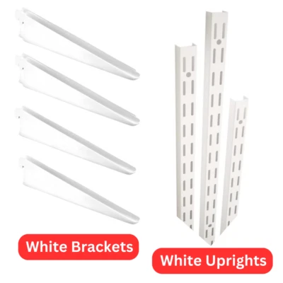 THESFS LIMITED Twin Slot Shelving WHITE Uprights and Brackets Adjustable Strong Rack Wall Shelf