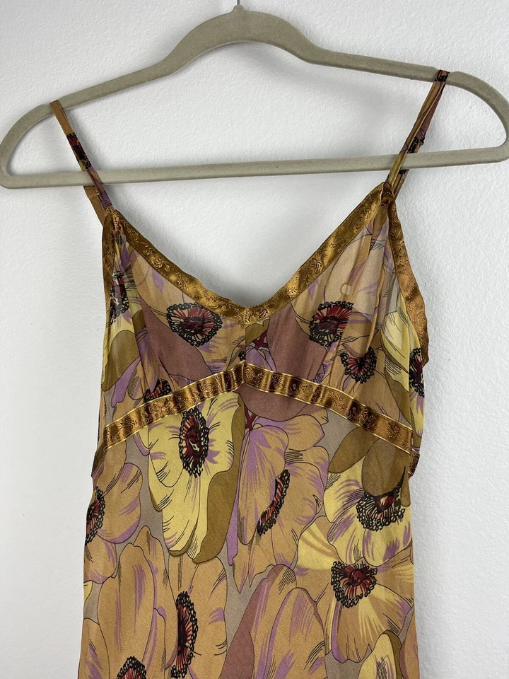 Vestido sin Mangas Vintage Betsey Johnson Sheer Midi Años 90 Y2K Dorado Amarillo Floral Amapola Foto 2 de 4