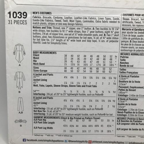 Simplicity 1039 Adult Costume Sz 38-44 Jacket Steampunk Sewing Pattern FF UNCUT - Picture 3 of 5