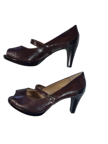 Alex Marie peep toe brown pumps size 8.5 leather/manmade upper brown with strap - Picture 2 of 6