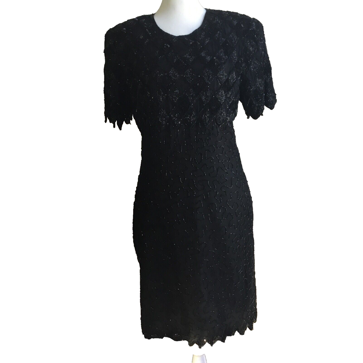 パーティードレス Black Embellished Silk Cocktail Dress VTG LAURENCE KAZAR Beaded Sequin Black Cocktail Dress 100