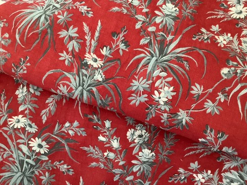 Ramos antiguos franceses de tela floral de algodón tierra roja siglo XIX. - Imagen 1 de 10