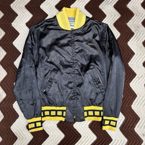 Vintage 70's Yamaha Satin Bomber Jacket Rare Checkered Sleeves Black Yellow Sz M