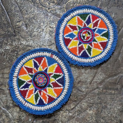 Kuchi Beaded Patches SUPER BIG Pair Missing Bead Tribal Gul 6.25'' (21225)