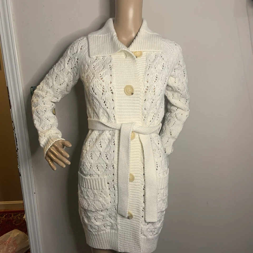 Gap Kids Chunky Knit Crochet Belted Cardigan Sweater Girls  XL  12 Ivory - Image 2 of 4