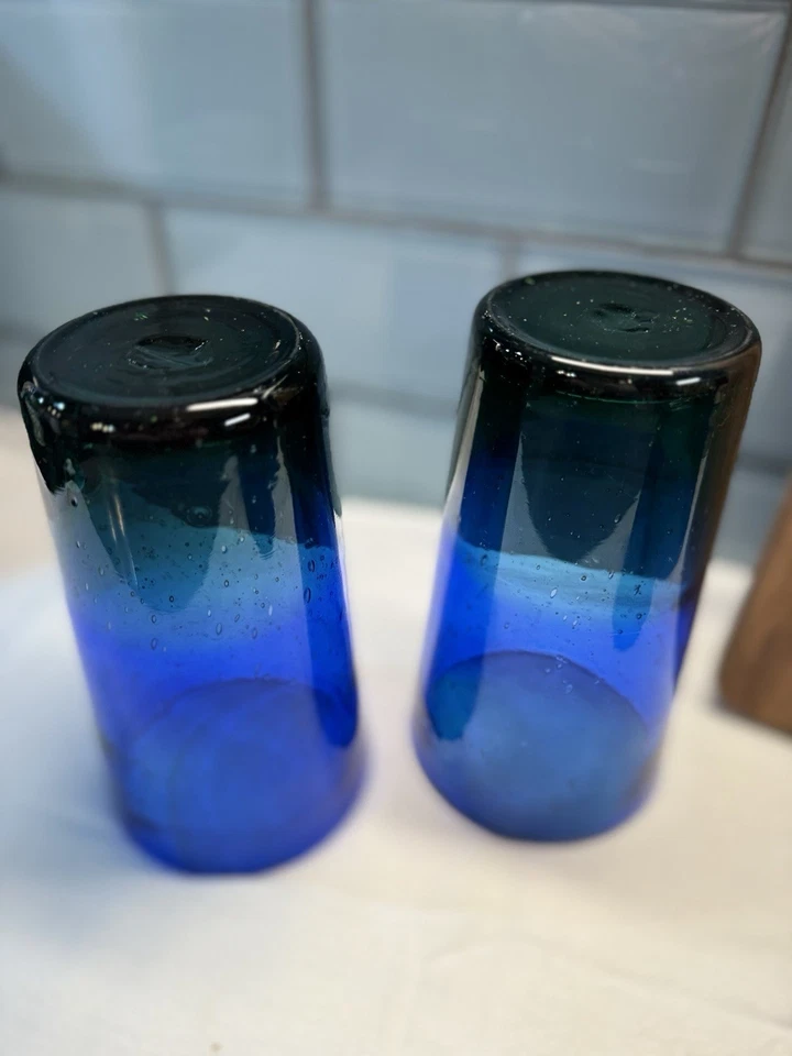 Мексиканские стеклянные стаканы ручной работы из переработанного стекла: кобальтовый синий и зеленый пузырьки лот 5 шт. - Изображение 4 из 4