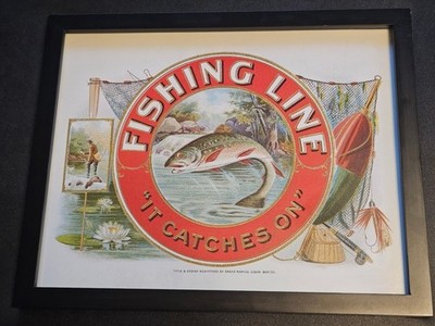 Vintage Style Fishing Line Cigar Box Label Framed Print 12x15 Trout Cabin Lodge