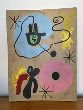 Wonderful Found "Joan Miro" Oil Painting  On Paper Mounted On Thin Wood Panel
