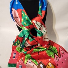 Vintage Holiday Scarf Winter Stole Christmas Village  Night Birds Echo 58" Long