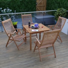 Teak 4 Seat Outdoor Dining Set- Square Table, Reclining Chairs, Minimal Assembly