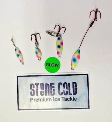 Hot Glow Wonder Bread Ice Lures 4Pc. Pro Pack Ice Spoon & Jig Asst. Stone Cold