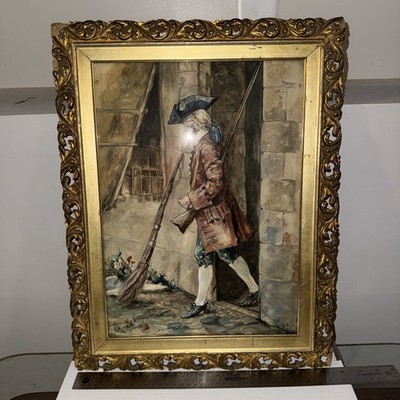 Antique Watercolour Painting British Soldier In Beautiful Hand Carved Wood Frame