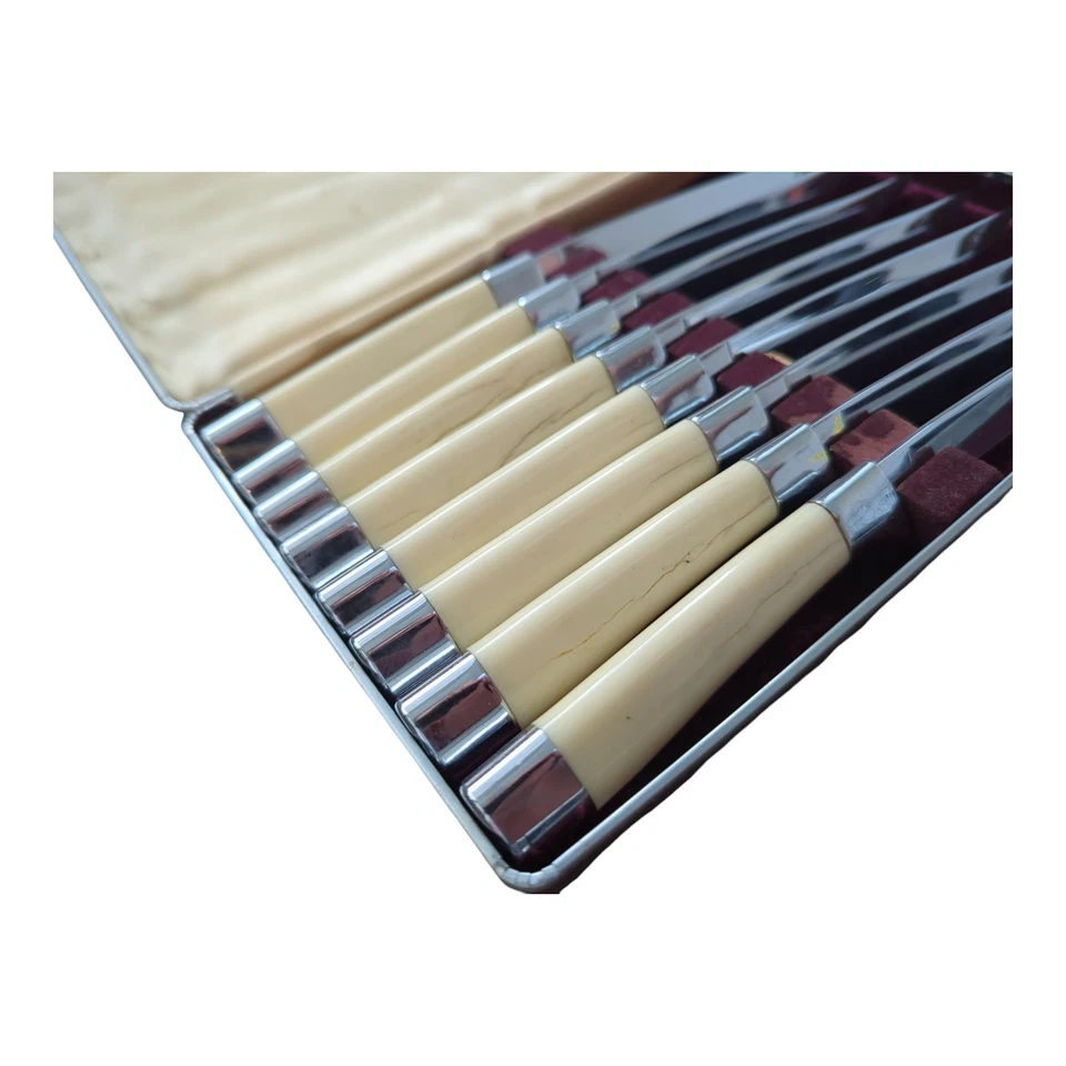 Juego de 8 cuchillos para carne vintage Carvel Hall de Briddell con caja asas marfil EE. UU. Foto 2 de 3