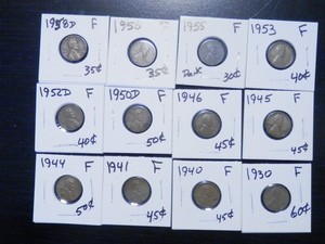12 Circulated F Lincoln Wheat Cents 1930 to 1958D